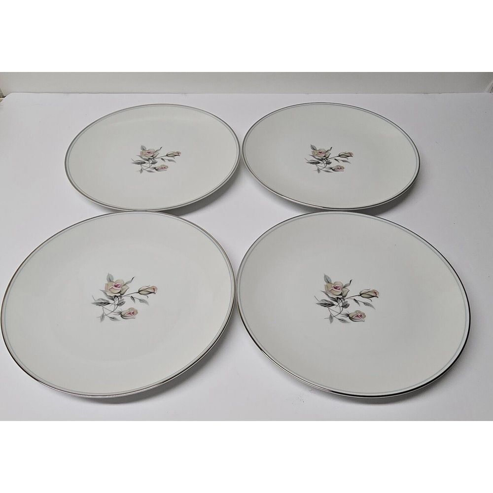 4pc. Noritake MARGOT Salad / Dessert Plates Pink Rose White-Platinum trim 8 1/4"